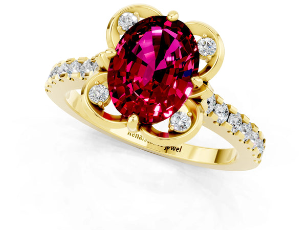 Yellow gold Oval Cut Garnet Ring with Pavé Band and Floral Prong Setting