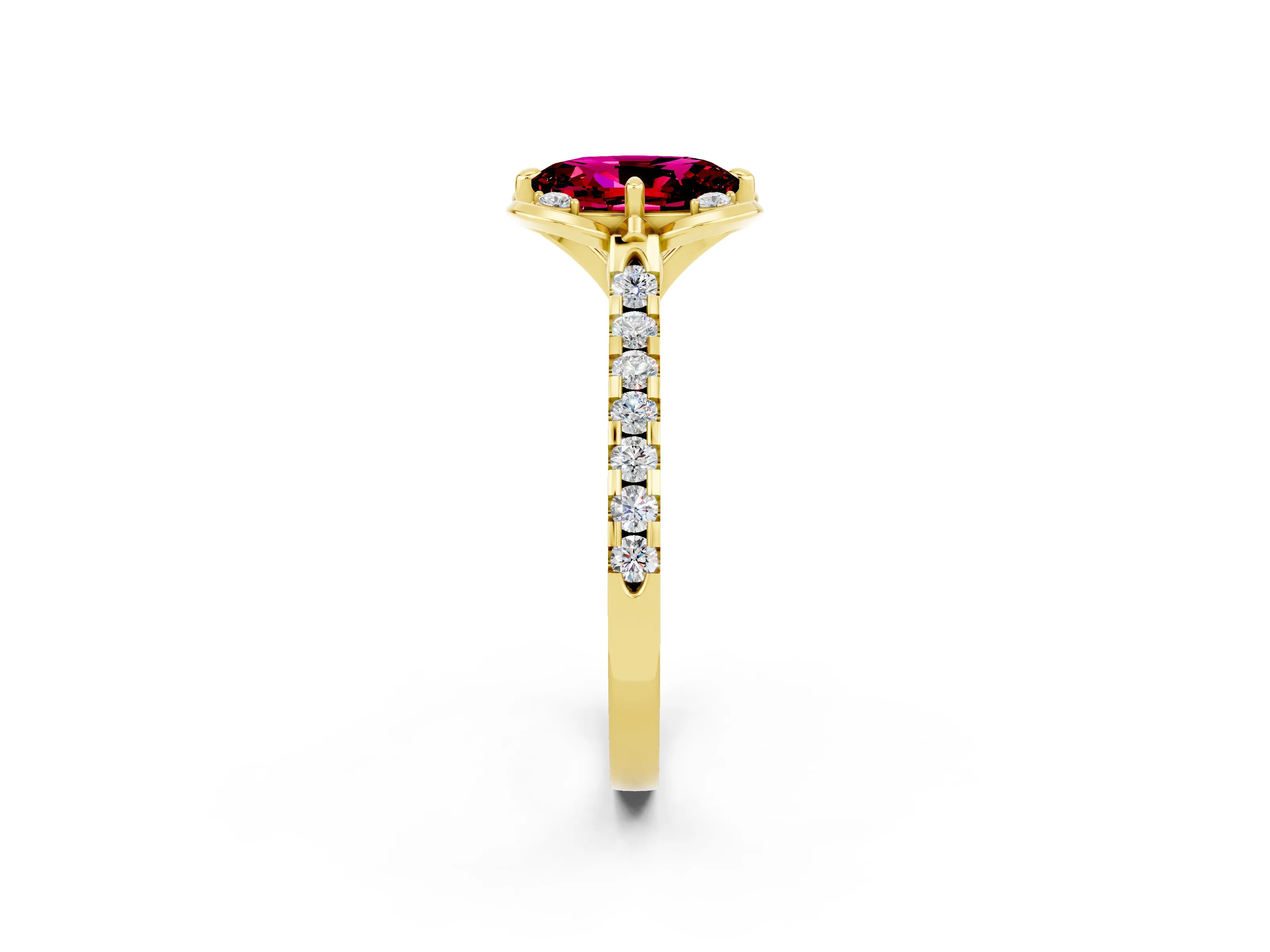Yellow gold Oval Cut Garnet Ring with Pavé Band and Floral Prong Setting_2