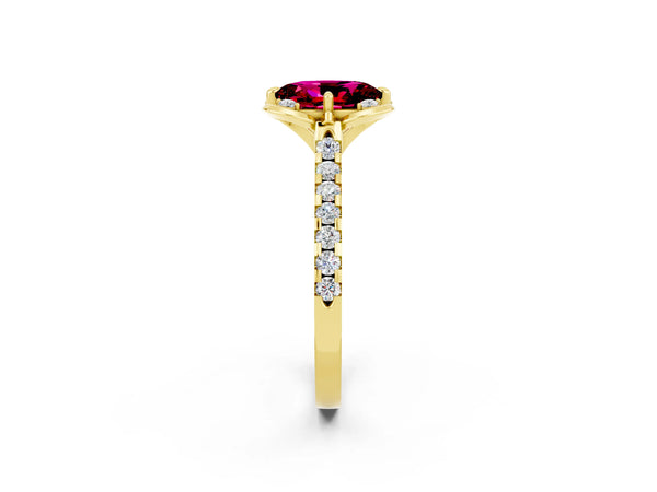 Yellow gold Oval Cut Garnet Ring with Pavé Band and Floral Prong Setting