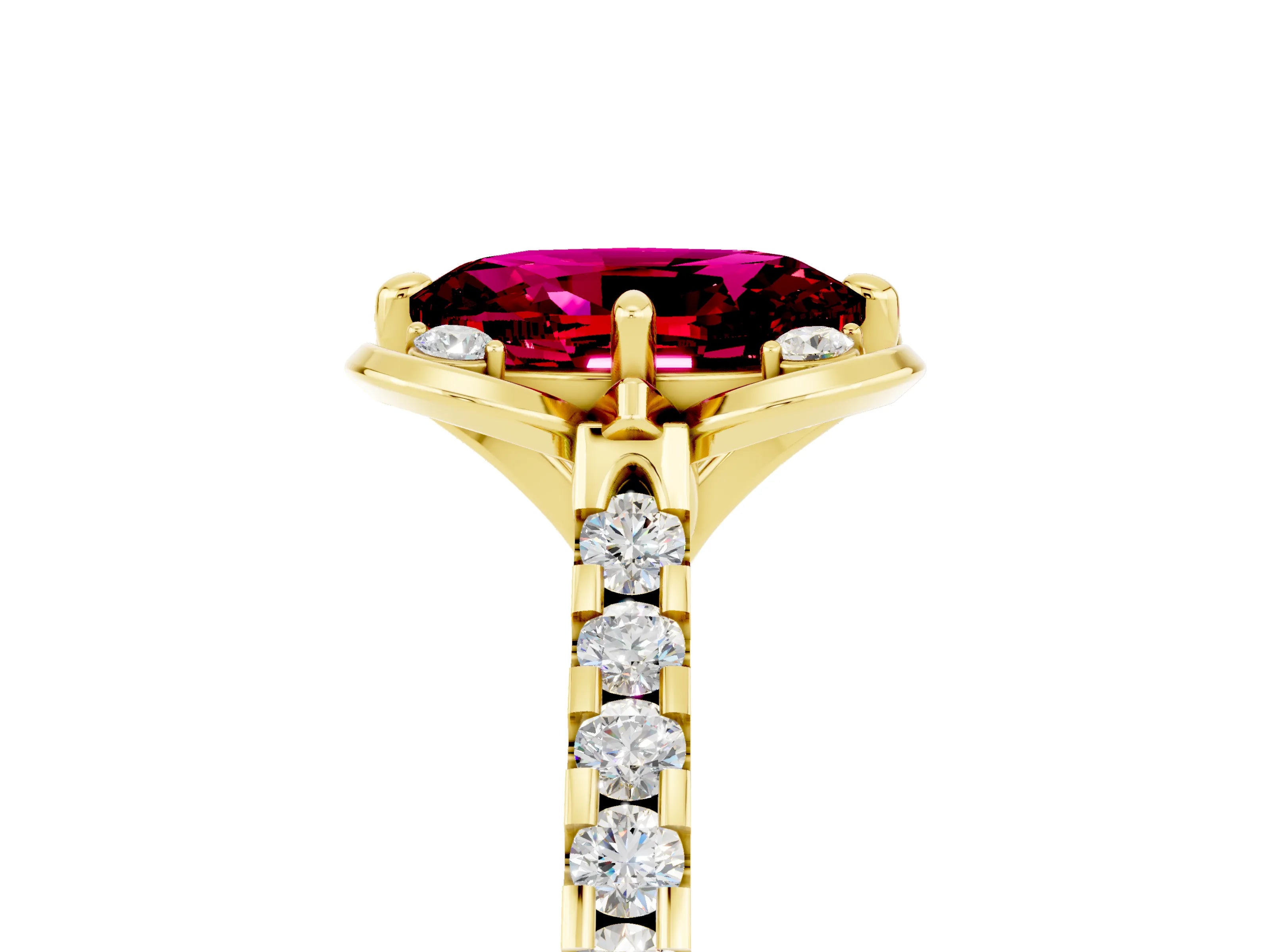 Yellow gold Oval Cut Garnet Ring with Pavé Band and Floral Prong Setting_5