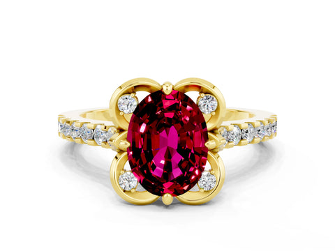 Yellow gold Oval Cut Garnet Ring with Pavé Band and Floral Prong Setting