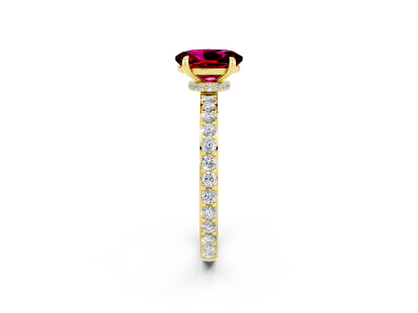 Yellow gold Oval Cut Garnet Pavé Engagement Ring with Round  Accents and Prong Setting
