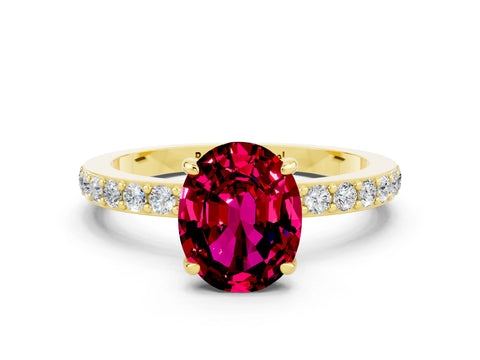 Yellow gold Oval Cut Garnet Ring with Pavé Band and Four-Prong Setting