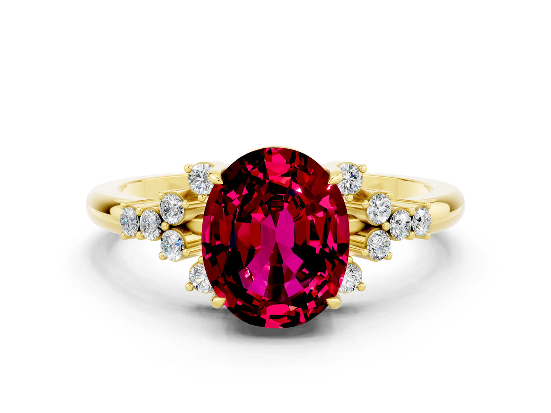 Yellow gold Oval Cut Garnet Ring with Side Stones and Four-Prong Setting_72