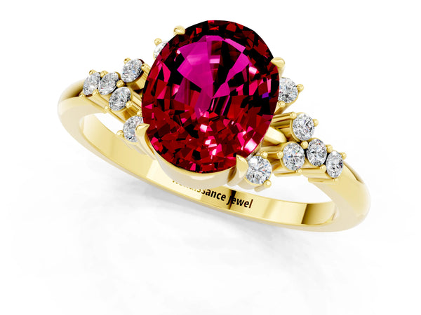 Yellow gold Oval Cut Garnet Ring with Side Stones and Four-Prong Setting
