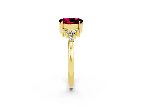 Yellow gold Oval Cut Garnet Ring with Side Stones and Four-Prong Setting