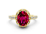 Yellow gold Oval Cut Garnet Scalloped Halo Engagement Ring with Round Shared Prong Band_12