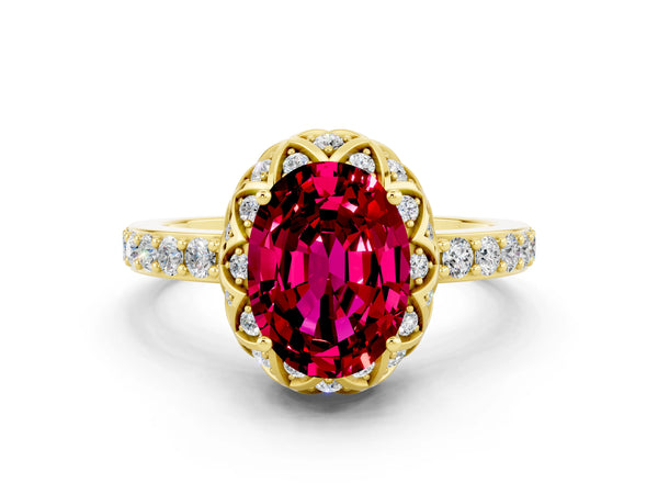Yellow gold Oval Cut Garnet Scalloped Halo Engagement Ring with Round Shared Prong Band