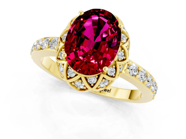 Yellow gold Oval Cut Garnet Scalloped Halo Engagement Ring with Round Shared Prong Band