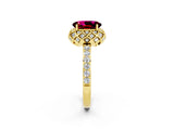 Yellow gold Oval Cut Garnet Scalloped Halo Engagement Ring with Round Shared Prong Band_14