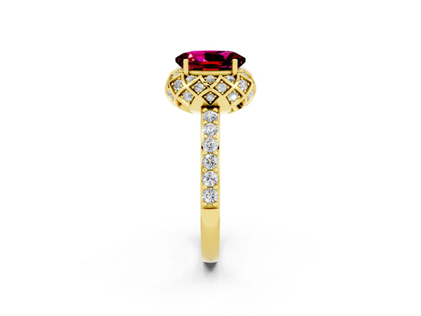 Yellow gold Oval Cut Garnet Scalloped Halo Engagement Ring with Round Shared Prong Band