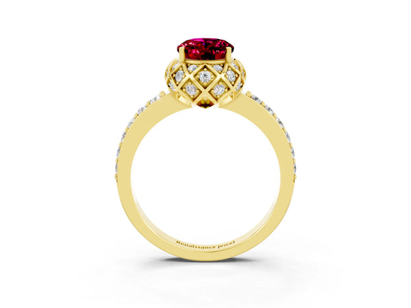 Yellow gold Oval Cut Garnet Scalloped Halo Engagement Ring with Round Shared Prong Band