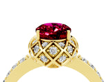 Yellow gold Oval Cut Garnet Scalloped Halo Engagement Ring with Round Shared Prong Band_16