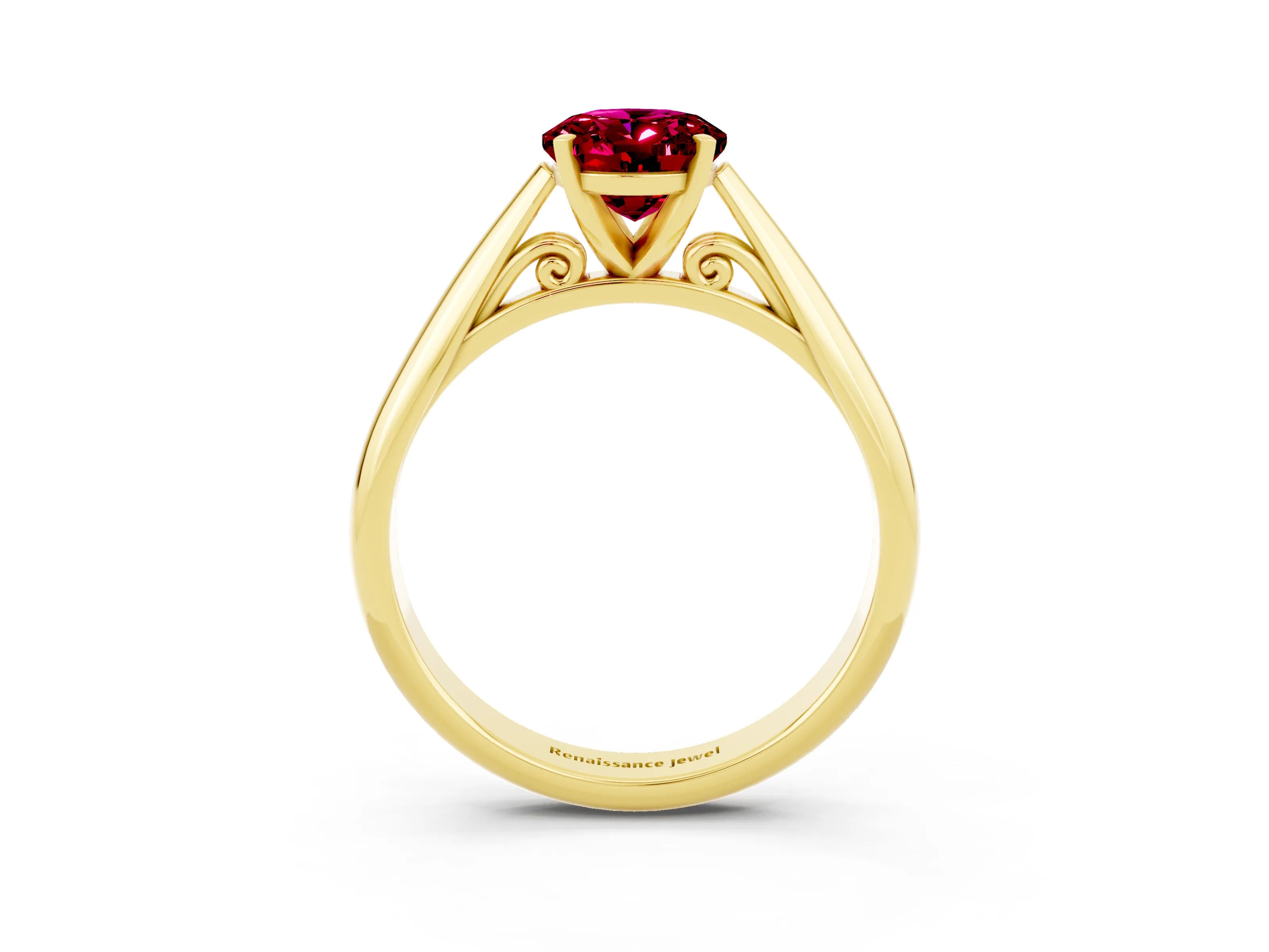Yellow gold Oval Cut Garnet Solitaire Engagement Ring with Cathedral Setting and Four-Prong Mount_15
