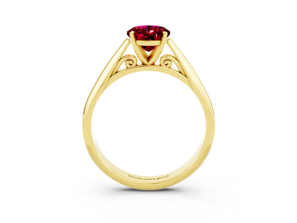 Yellow gold Oval Cut Garnet Solitaire Engagement Ring with Cathedral Setting and Four-Prong Mount