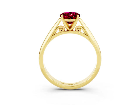 Yellow gold Oval Cut Garnet Solitaire Engagement Ring with Cathedral Setting and Four-Prong Mount_15