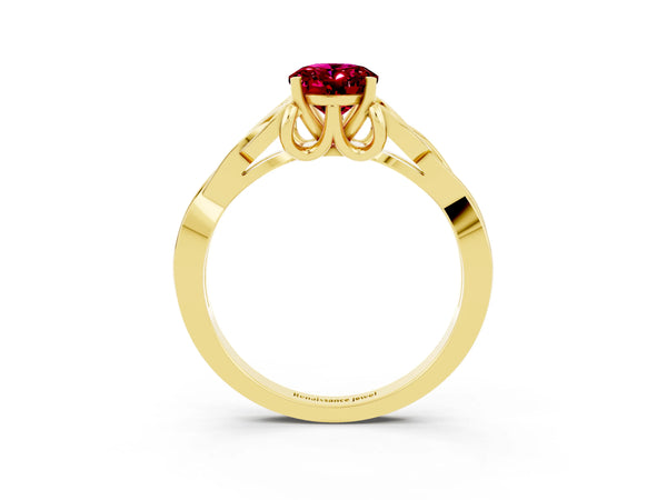 Yellow gold Oval Cut Garnet Solitaire Engagement Ring with Celtic Knot Band and Four-Prong Setting