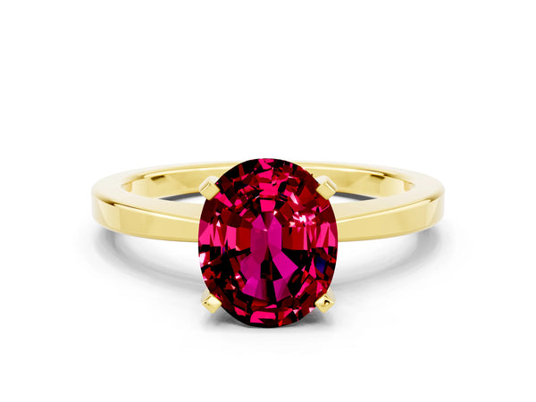 Yellow gold Oval Cut Garnet Solitaire Engagement Ring with Classic Band and Four-Prong Setting