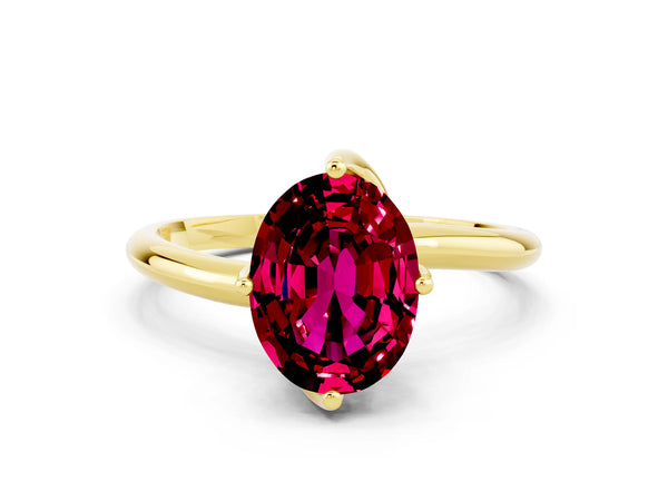 Yellow gold Oval Cut Garnet Solitaire Engagement Ring with Four-Prong Setting and Classic Band