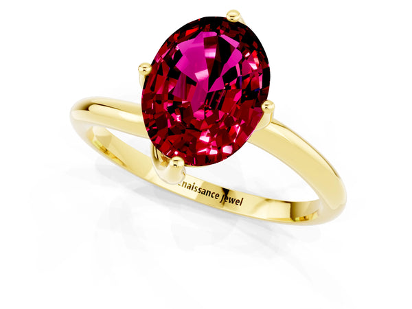Yellow gold Oval Cut Garnet Solitaire Engagement Ring with Four-Prong Setting and Classic Band