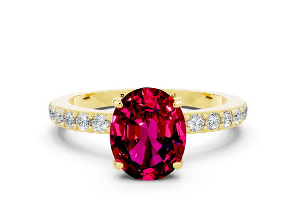 Yellow gold Oval Cut Garnet Solitaire Engagement Ring with Pavé Band and Four-Prong Setting