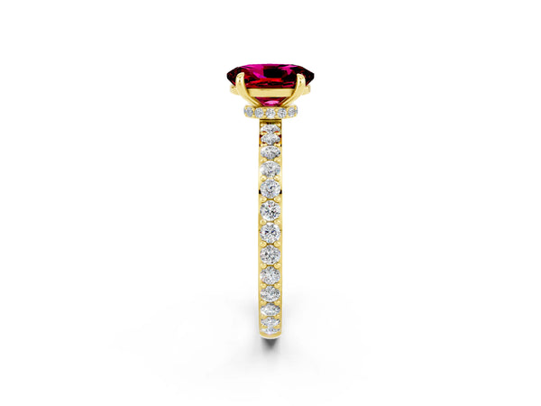 Yellow gold Oval Cut Garnet Solitaire Engagement Ring with Pavé Band and Four-Prong Setting