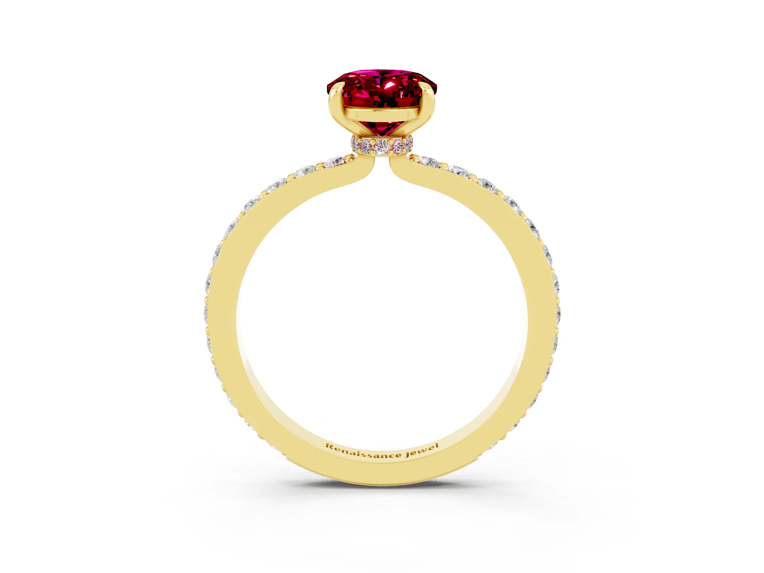 Yellow gold Oval Cut Garnet Solitaire Engagement Ring with Pavé Band and Four-Prong Setting_3