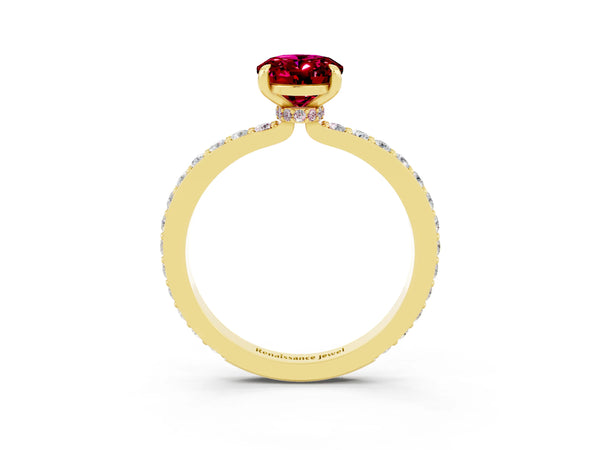 Yellow gold Oval Cut Garnet Solitaire Engagement Ring with Pavé Band and Four-Prong Setting