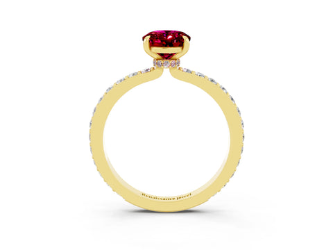 Yellow gold Oval Cut Garnet Solitaire Engagement Ring with Pavé Band and Four-Prong Setting_3