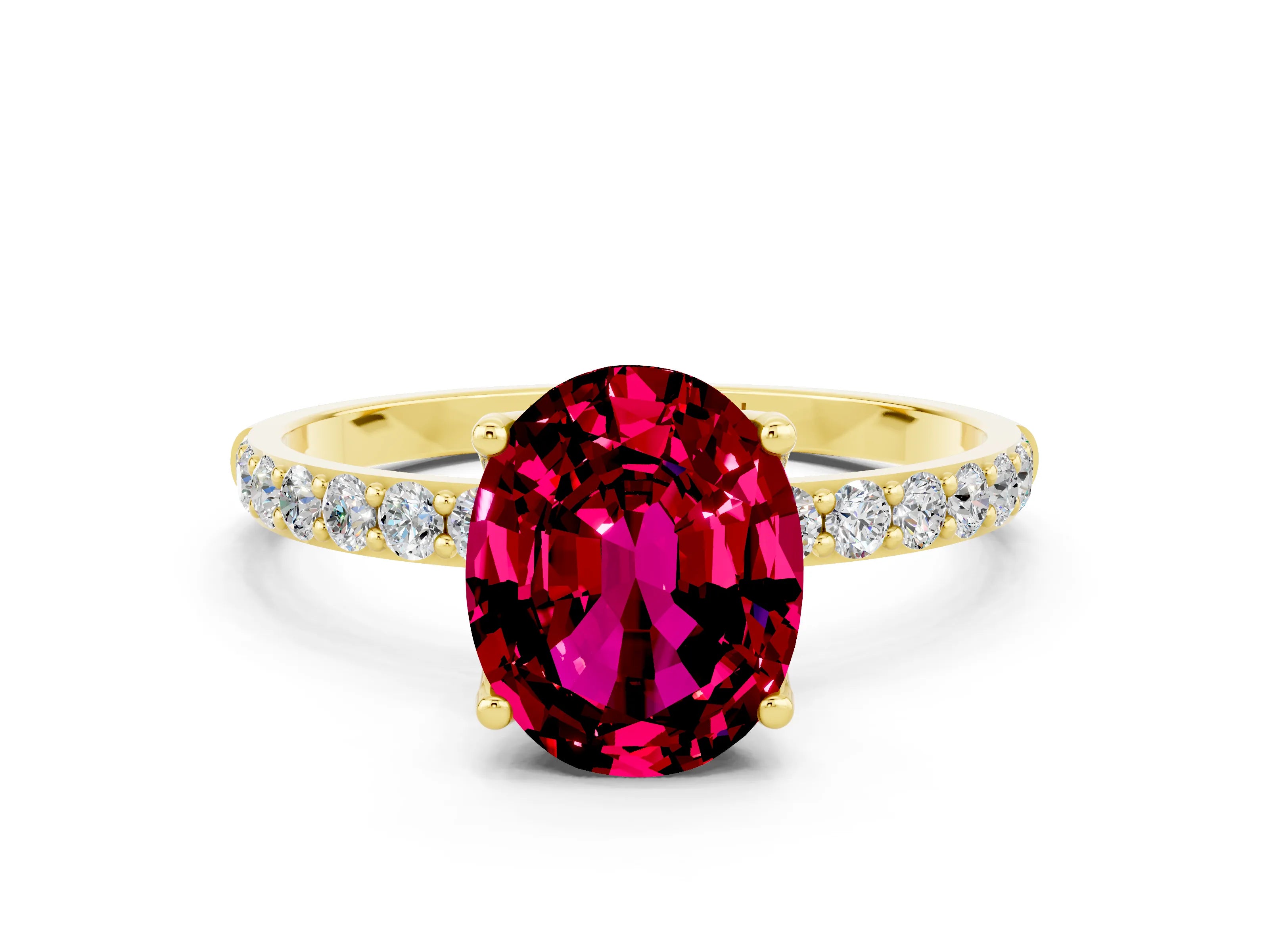 Yellow gold Oval Cut Garnet Solitaire Engagement Ring with Pavé Band and Prong Setting