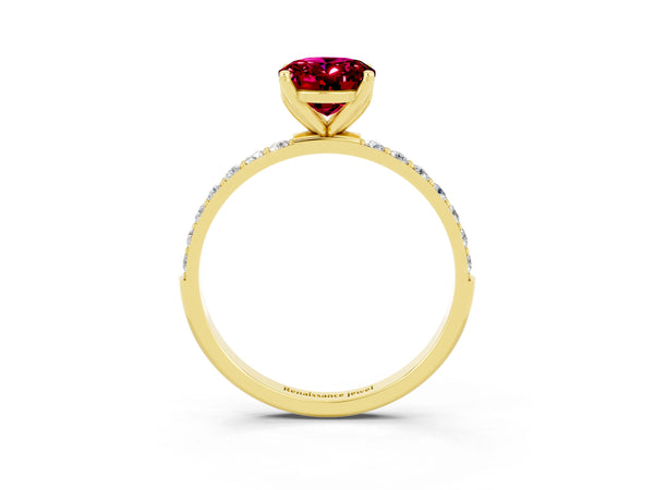 Yellow gold Oval Cut Garnet Solitaire Engagement Ring with Round  Pavé Band and Prong Setting
