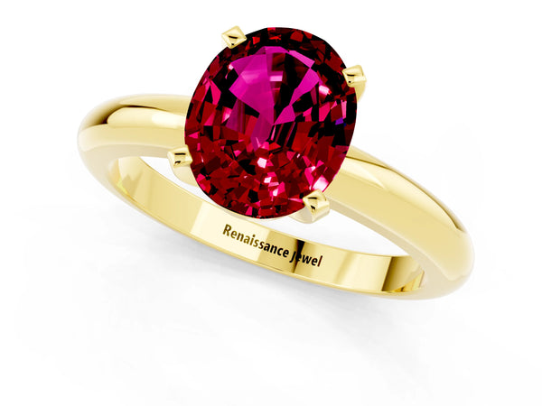 Yellow gold Oval Cut Garnet Solitaire Engagement Ring with Round Band and Four-Prong Setting