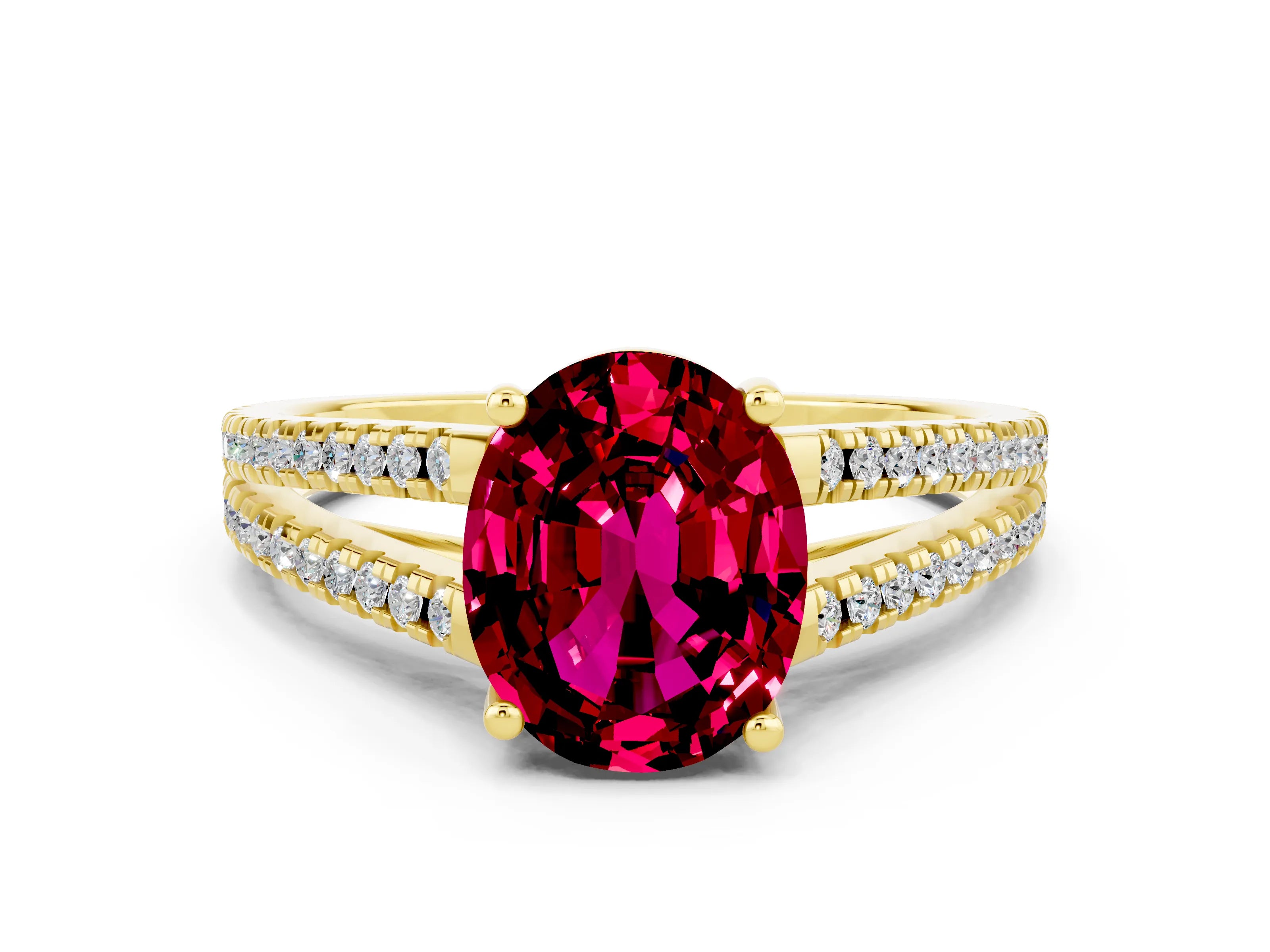 Yellow gold Oval Cut Garnet Solitaire Engagement Ring with Split Shank Pavé Band