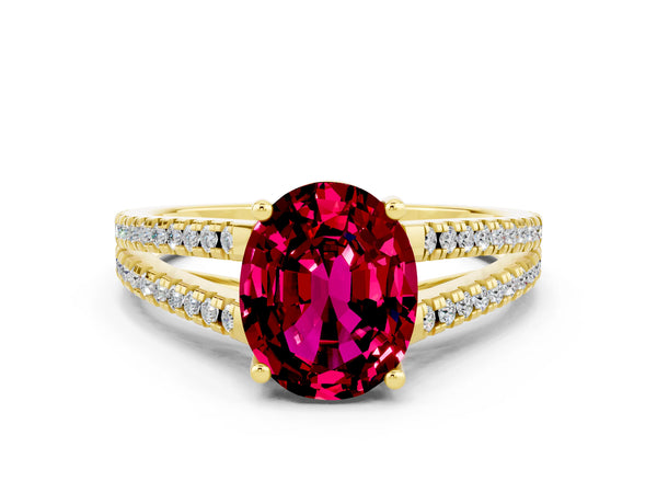 Yellow gold Oval Cut Garnet Solitaire Engagement Ring with Split Shank Pavé Band