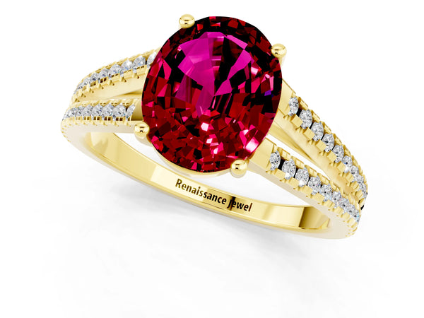 Yellow gold Oval Cut Garnet Solitaire Engagement Ring with Split Shank Pavé Band