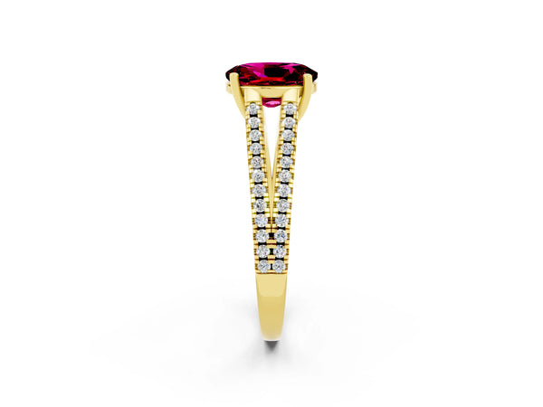 Yellow gold Oval Cut Garnet Solitaire Engagement Ring with Split Shank Pavé Band