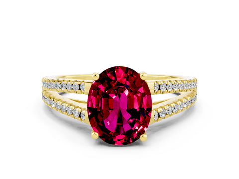 Yellow gold Oval Cut Garnet Solitaire Engagement Ring with Split Shank Pavé Band