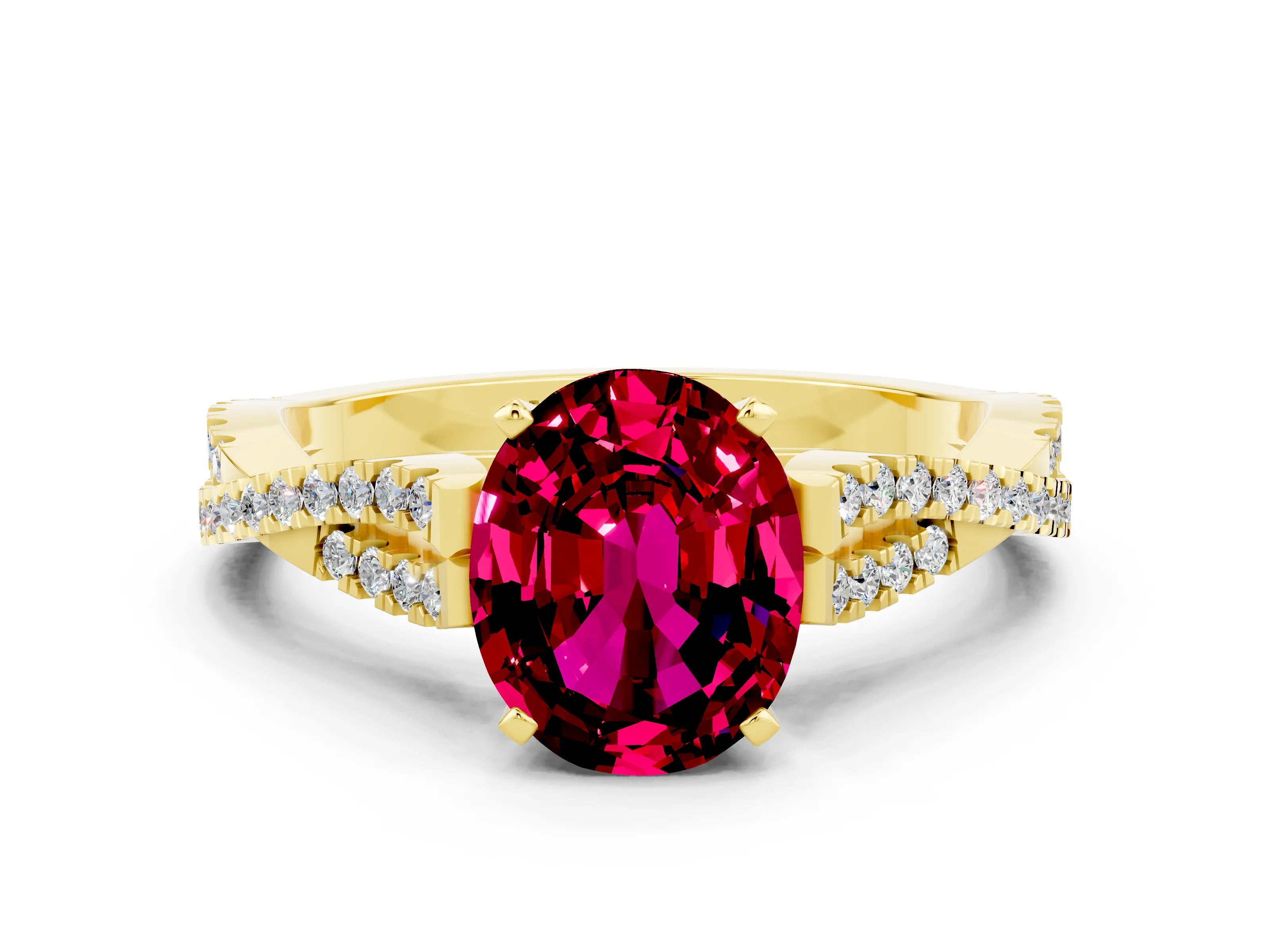 Yellow gold Oval Cut Garnet Solitaire Engagement Ring with Twisted Pavé Band and Four-Prong Setting