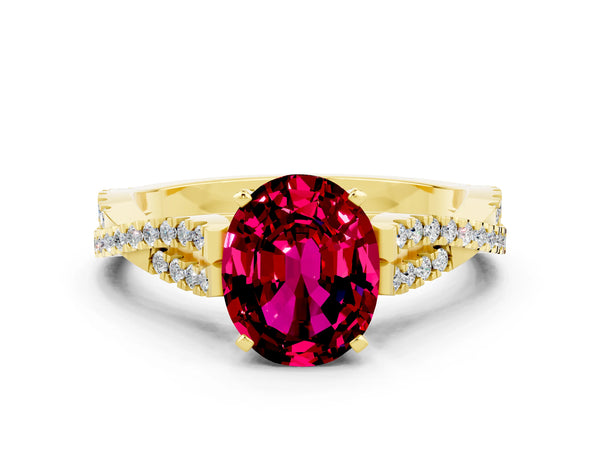 Yellow gold Oval Cut Garnet Solitaire Engagement Ring with Twisted Pavé Band and Four-Prong Setting