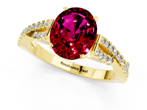 Yellow gold Oval Cut Garnet Solitaire Engagement Ring with Twisted Pavé Band and Four-Prong Setting_1