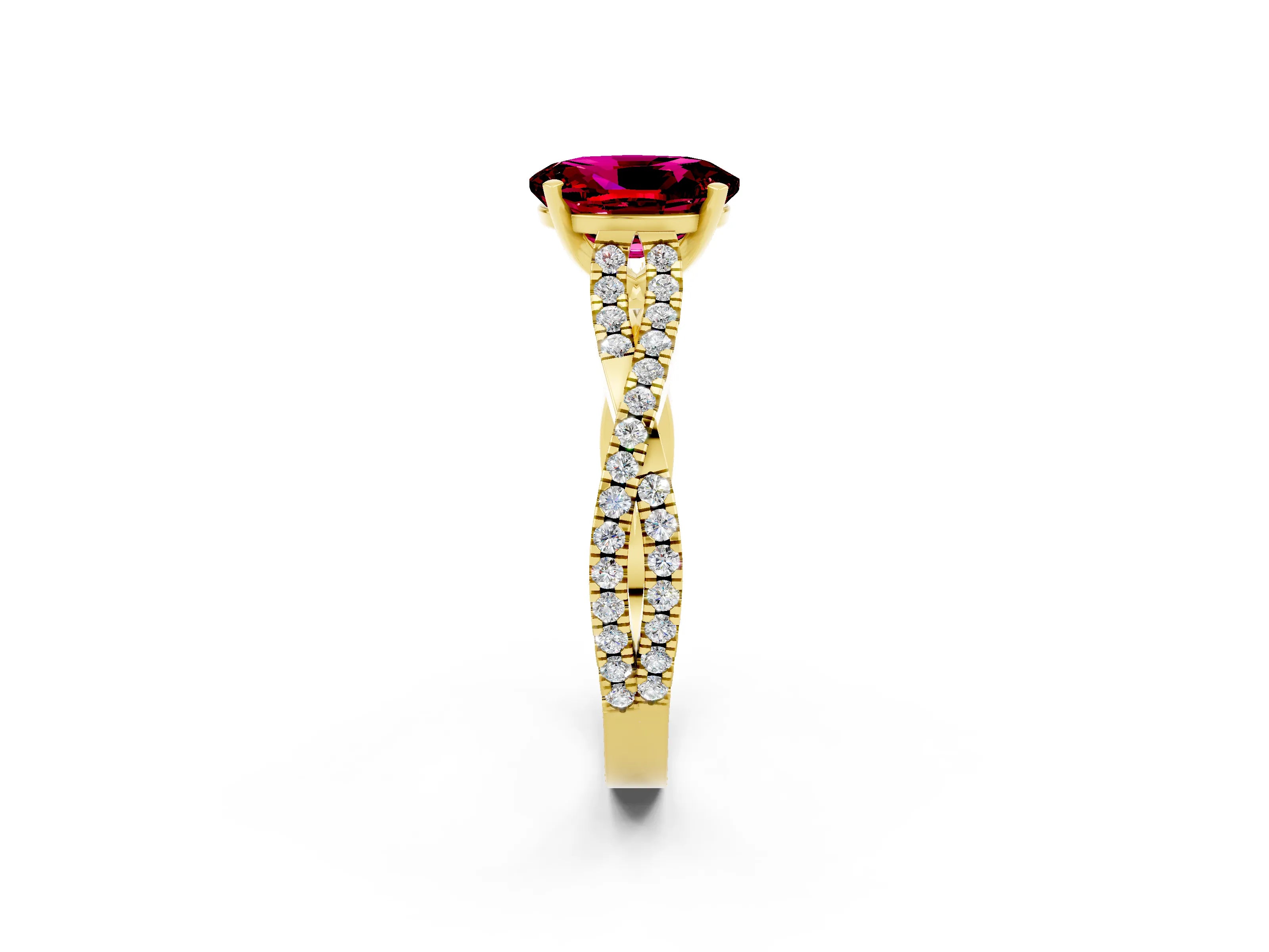 Yellow gold Oval Cut Garnet Solitaire Engagement Ring with Twisted Pavé Band and Four-Prong Setting_2