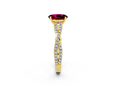 Yellow gold Oval Cut Garnet Solitaire Engagement Ring with Twisted Pavé Band and Four-Prong Setting_2