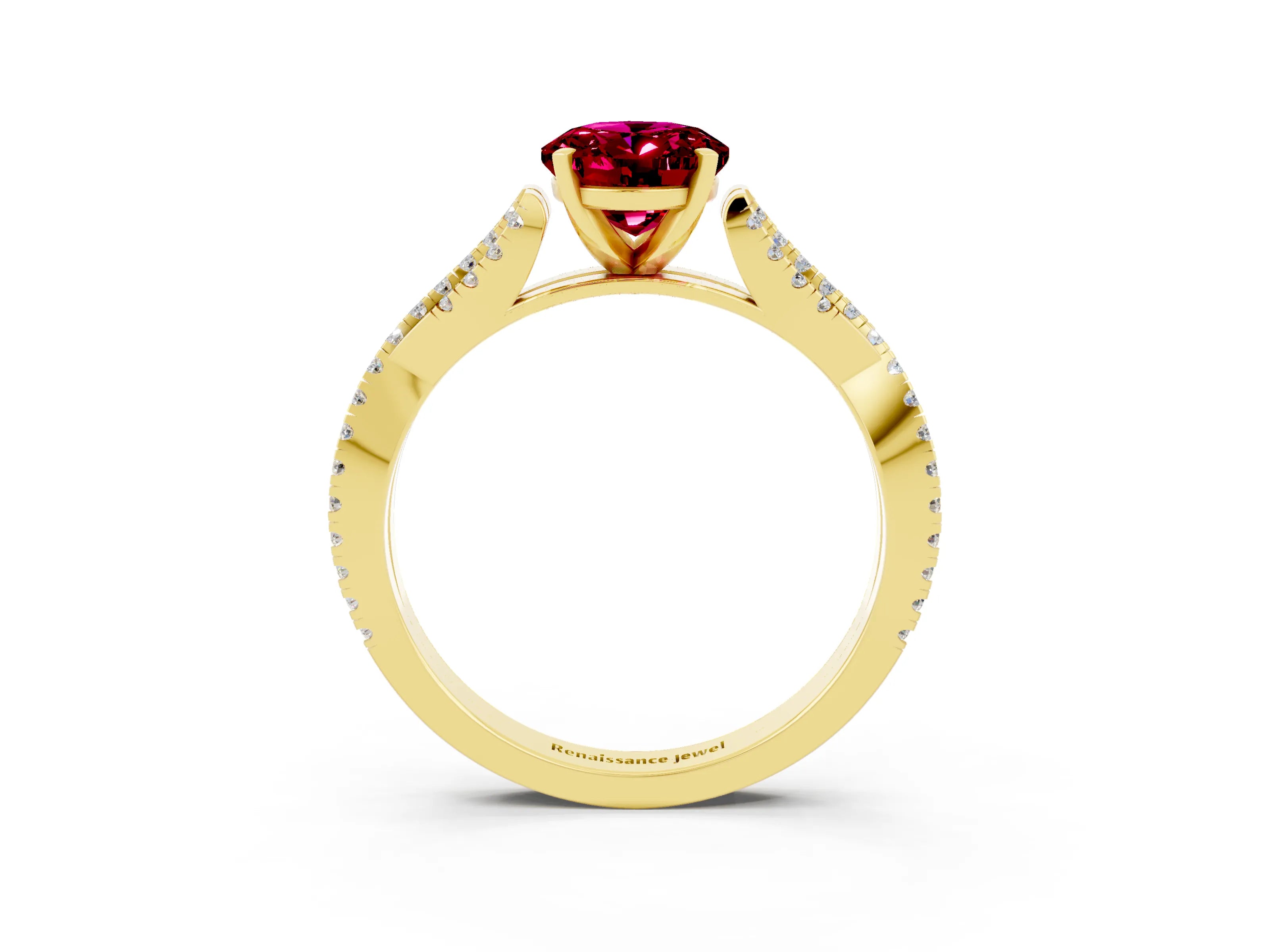 Yellow gold Oval Cut Garnet Solitaire Engagement Ring with Twisted Pavé Band and Four-Prong Setting_3