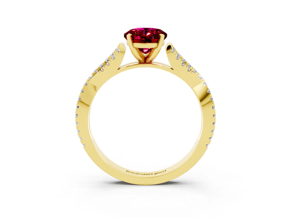 Yellow gold Oval Cut Garnet Solitaire Engagement Ring with Twisted Pavé Band and Four-Prong Setting