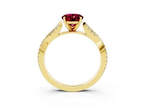 Yellow gold Oval Cut Garnet Solitaire Engagement Ring with Twisted Pavé Band and Four-Prong Setting_3