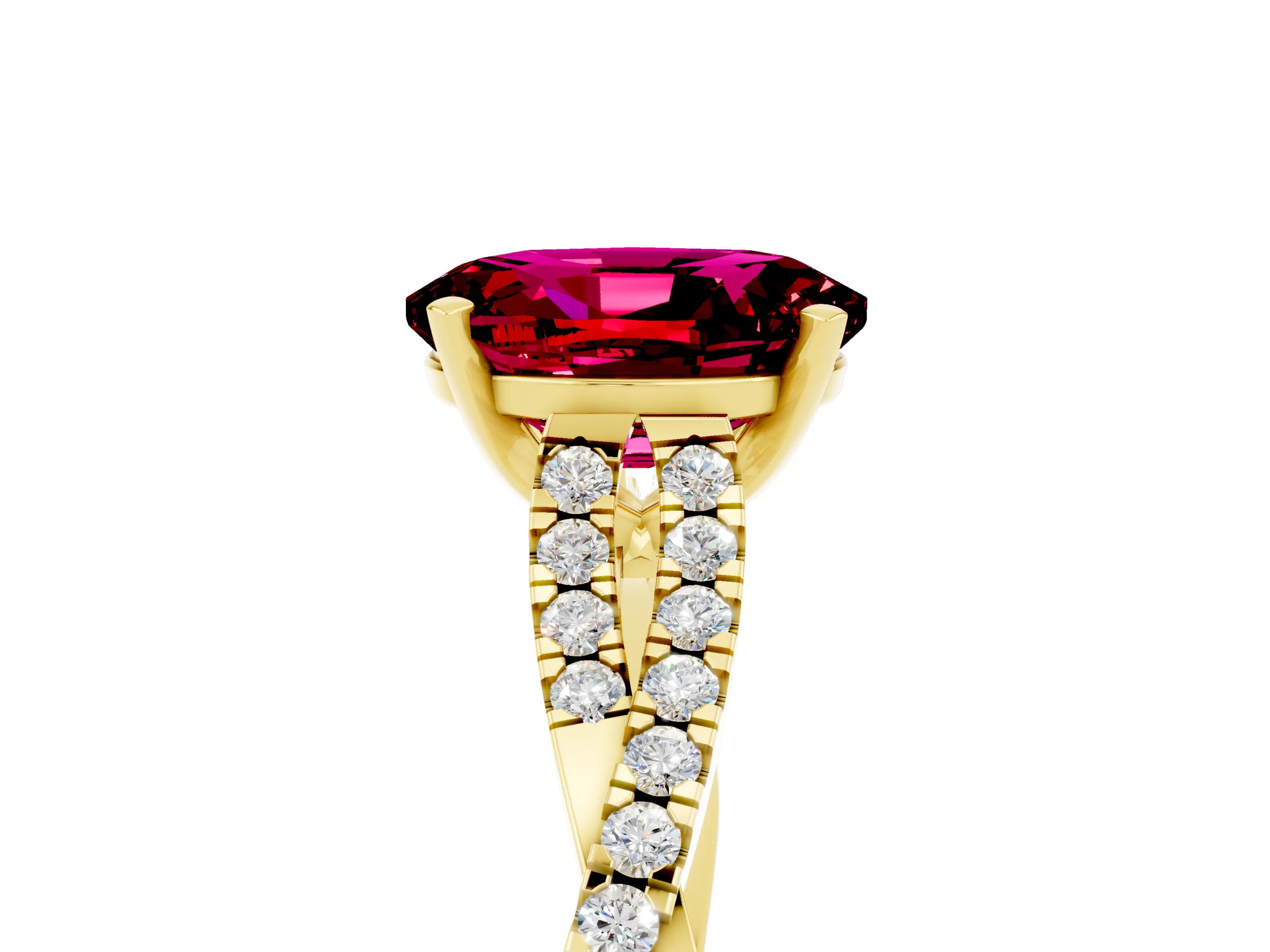 Yellow gold Oval Cut Garnet Solitaire Engagement Ring with Twisted Pavé Band and Four-Prong Setting_5