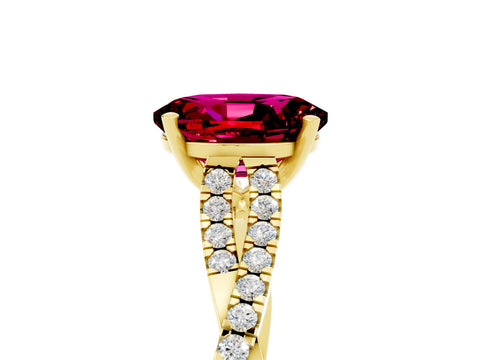 Yellow gold Oval Cut Garnet Solitaire Engagement Ring with Twisted Pavé Band and Four-Prong Setting_5