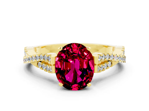 Yellow gold Oval Cut Garnet Solitaire Engagement Ring with Twisted Pavé Band and Four-Prong Setting