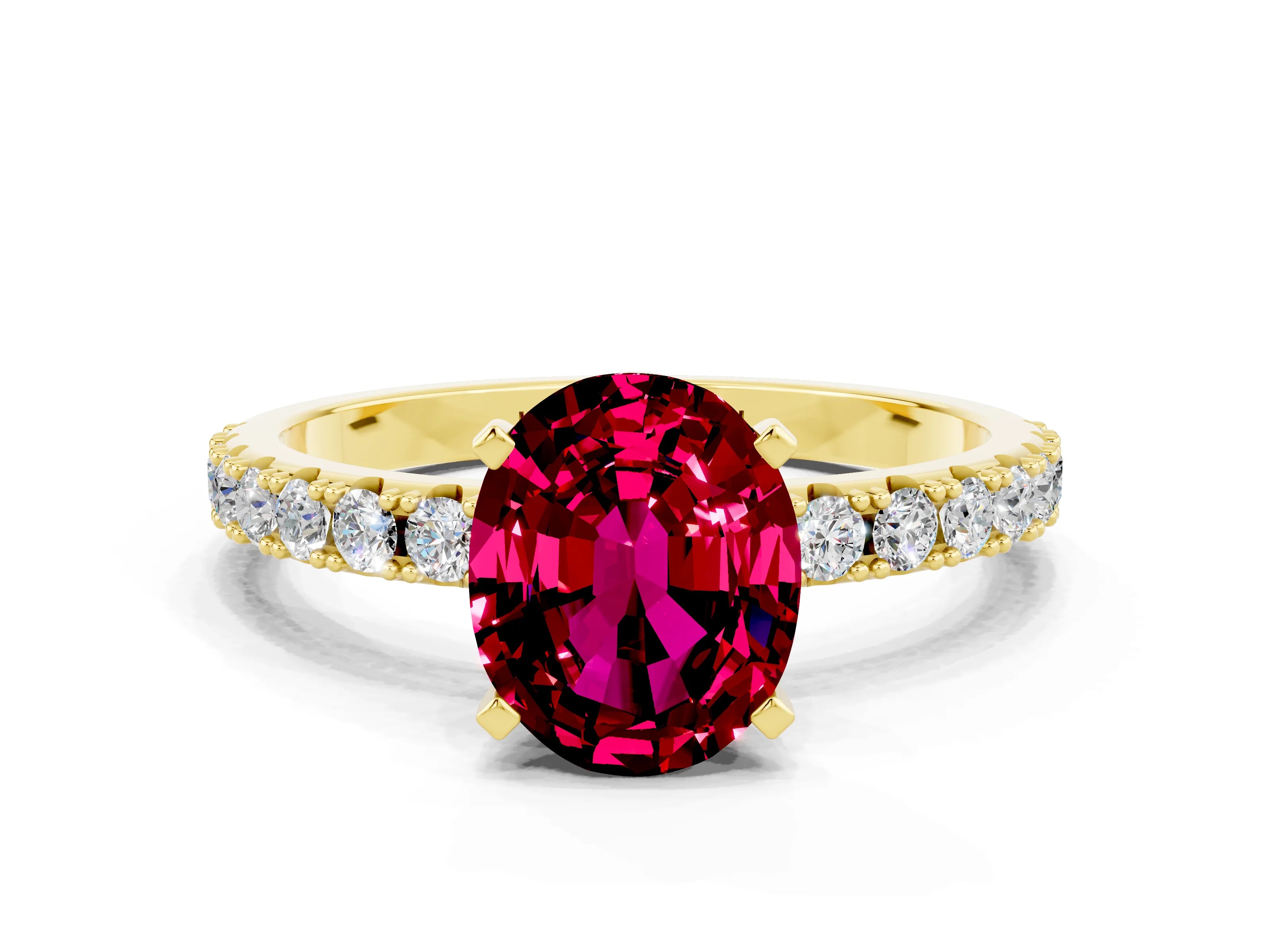 Yellow gold Oval Cut Garnet Solitaire Pavé Band with Four-Prong Setting