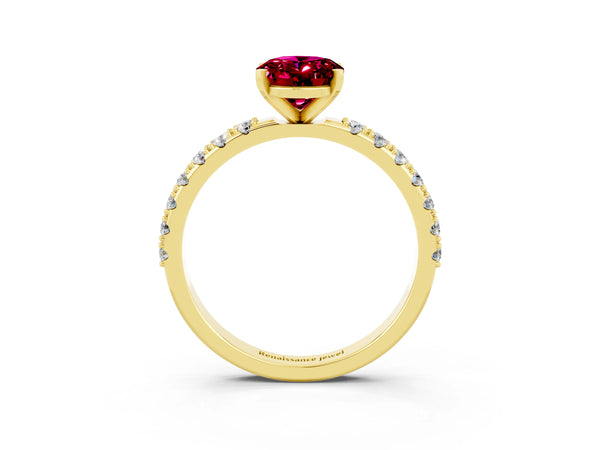 Yellow gold Oval Cut Garnet Solitaire Pavé Band with Four-Prong Setting